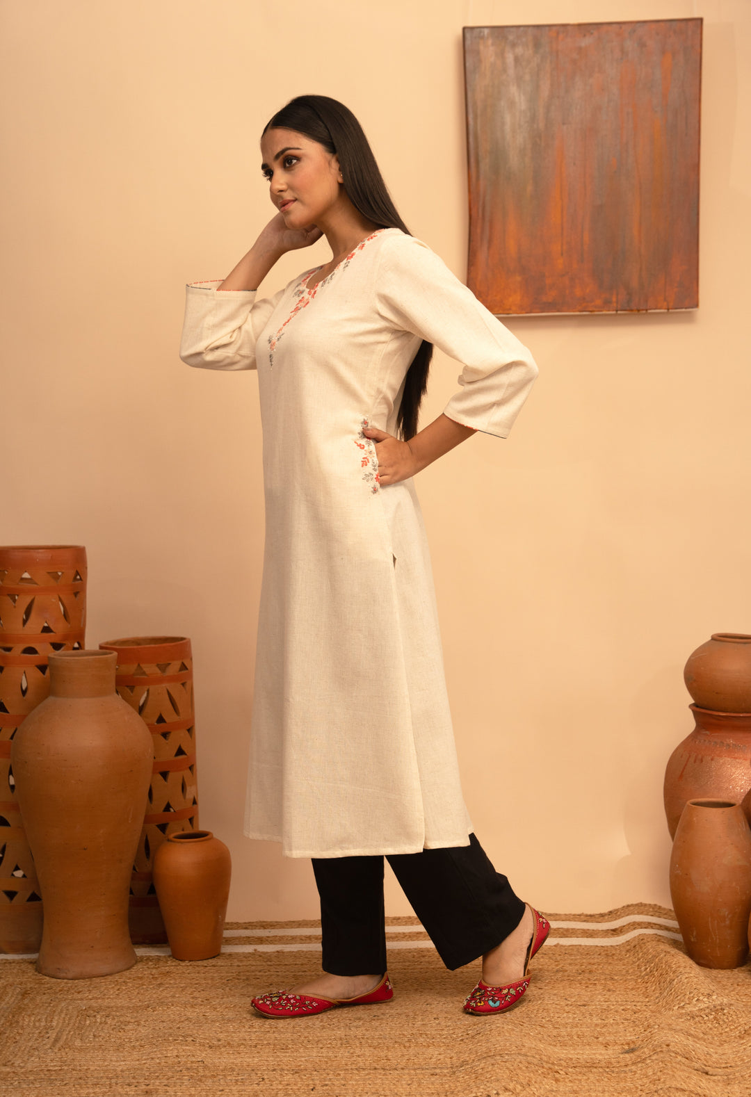 Women’s Cotton Flex Round Neck Kashmiri Hand-Embroidered Regular Fit Kurta