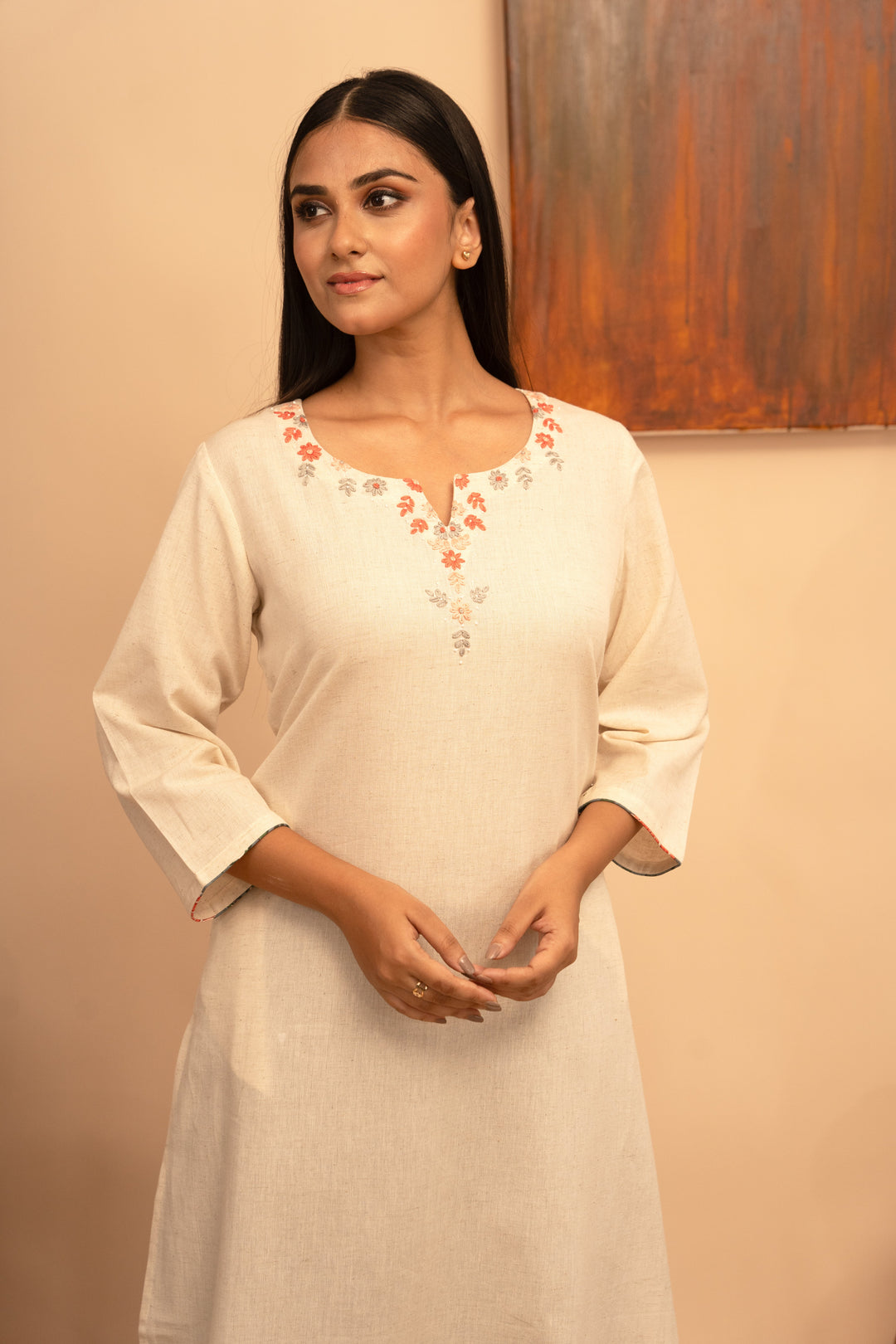 Women’s Cotton Flex Round Neck Kashmiri Hand-Embroidered Regular Fit Kurta