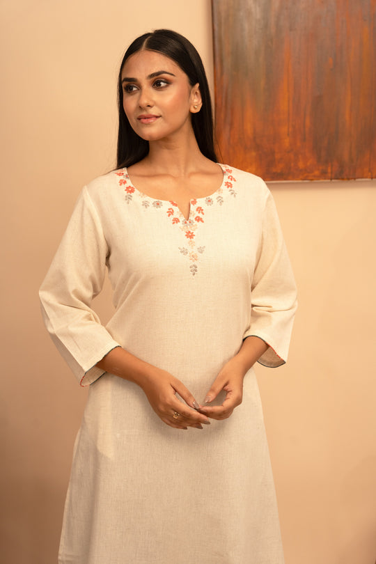 Women’s Cotton Flex Round Neck Kashmiri Hand-Embroidered Regular Fit Kurta