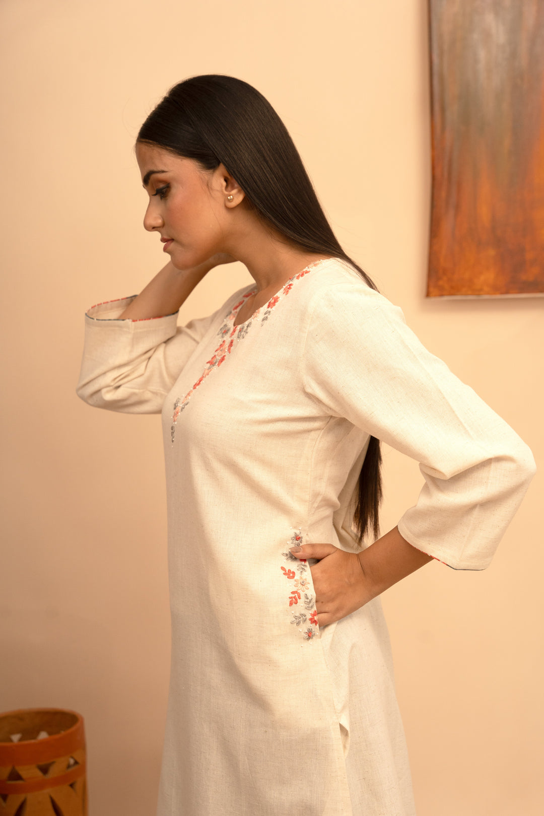 Women’s Cotton Flex Round Neck Kashmiri Hand-Embroidered Regular Fit Kurta