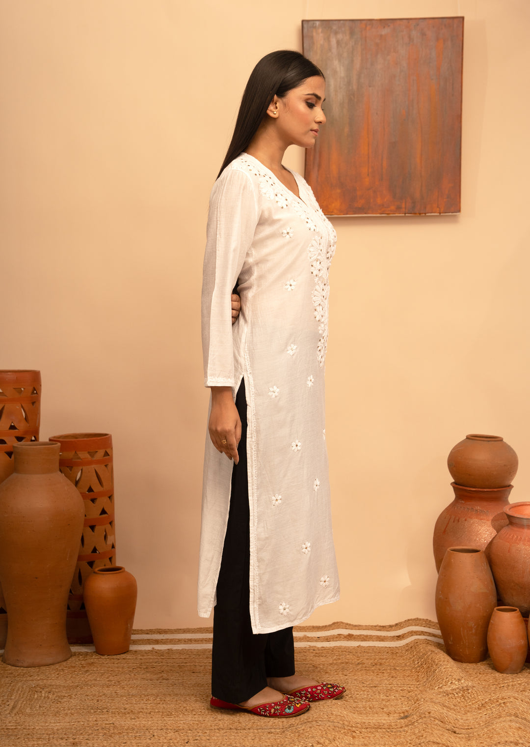 Women’s Chanderi Round Neck Mukaish Regular Fit Kurta - Arya collection