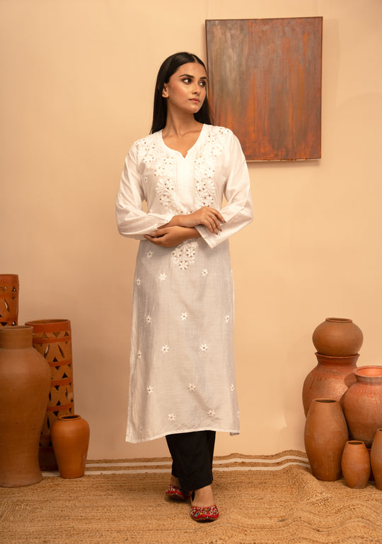 Women’s Chanderi Round Neck Mukaish Regular Fit Kurta - Arya collection