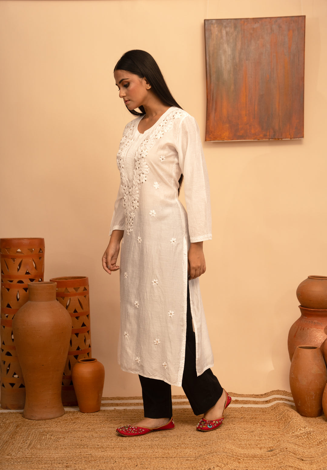 Women’s Chanderi Round Neck Mukaish Regular Fit Kurta - Arya collection