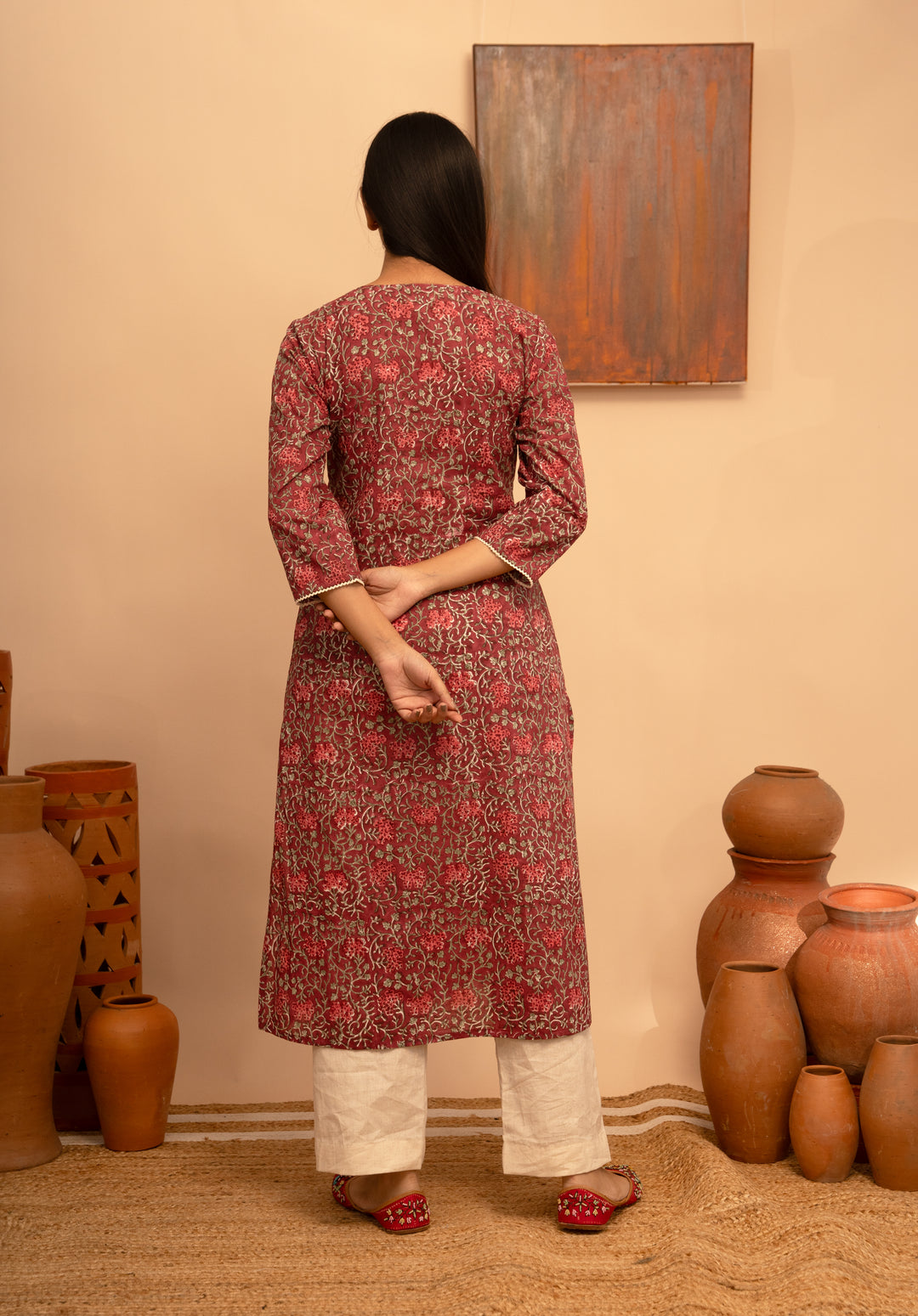 Women’s Cotton V-Neck Printed Mughal Garden Jaal Design Regular Fit Kurta - Arya collection