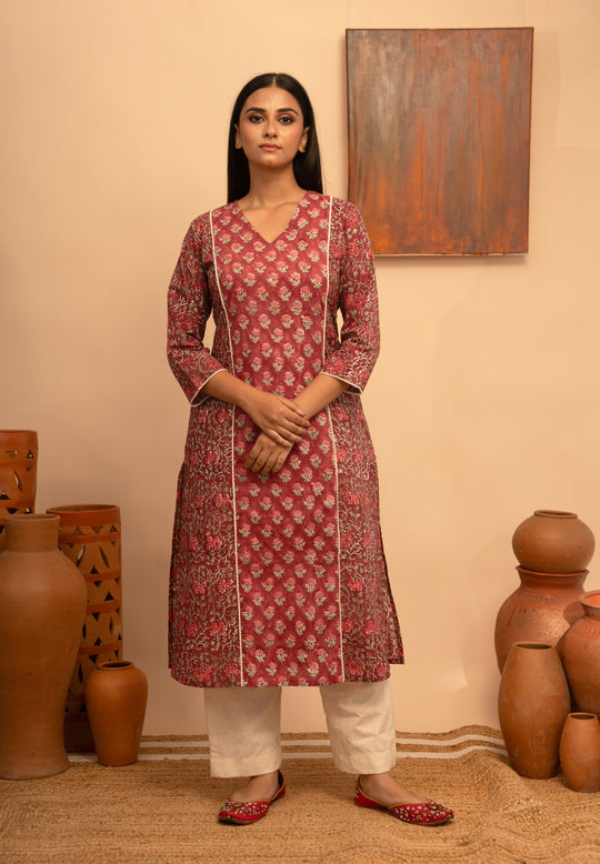 Women’s Cotton V-Neck Printed Mughal Garden Jaal Design Regular Fit Kurta - Arya collection