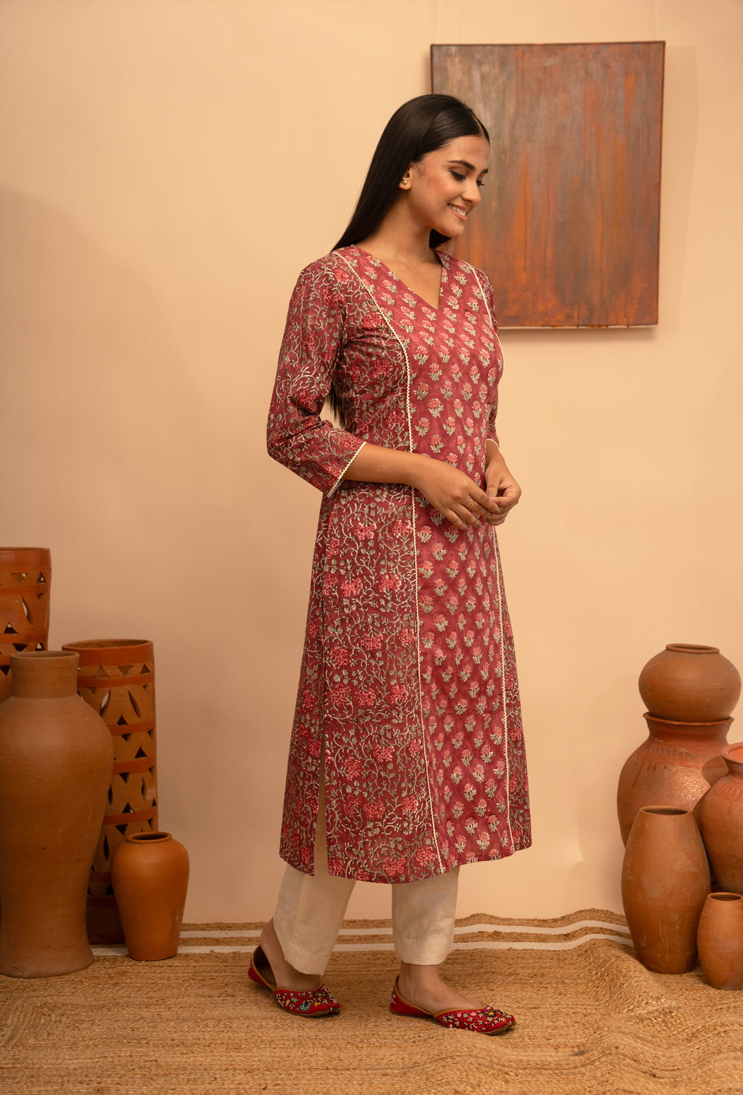 Women’s Cotton V-Neck Printed Mughal Garden Jaal Design Regular Fit Kurta - Arya collection