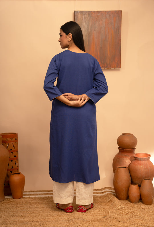 Women’s Cotton Flex Round Neck Hand-Embroidered Regular Fit Kurta - Arya collection