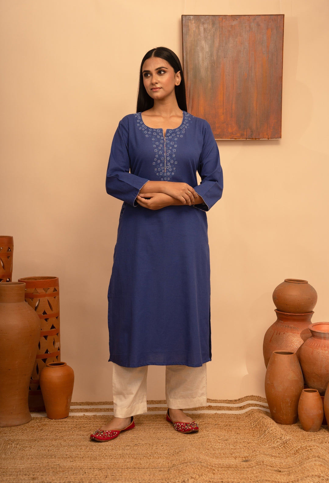 Women’s Cotton Flex Round Neck Hand-Embroidered Regular Fit Kurta