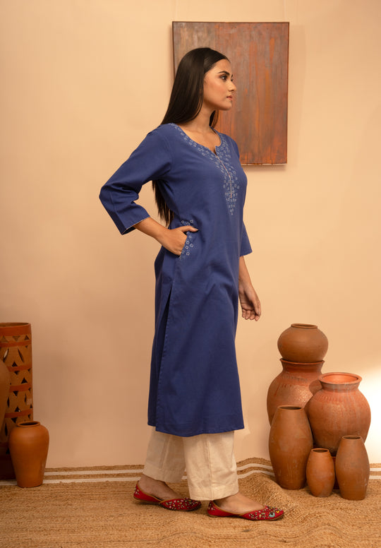 Women’s Cotton Flex Round Neck Hand-Embroidered Regular Fit Kurta - Arya collection