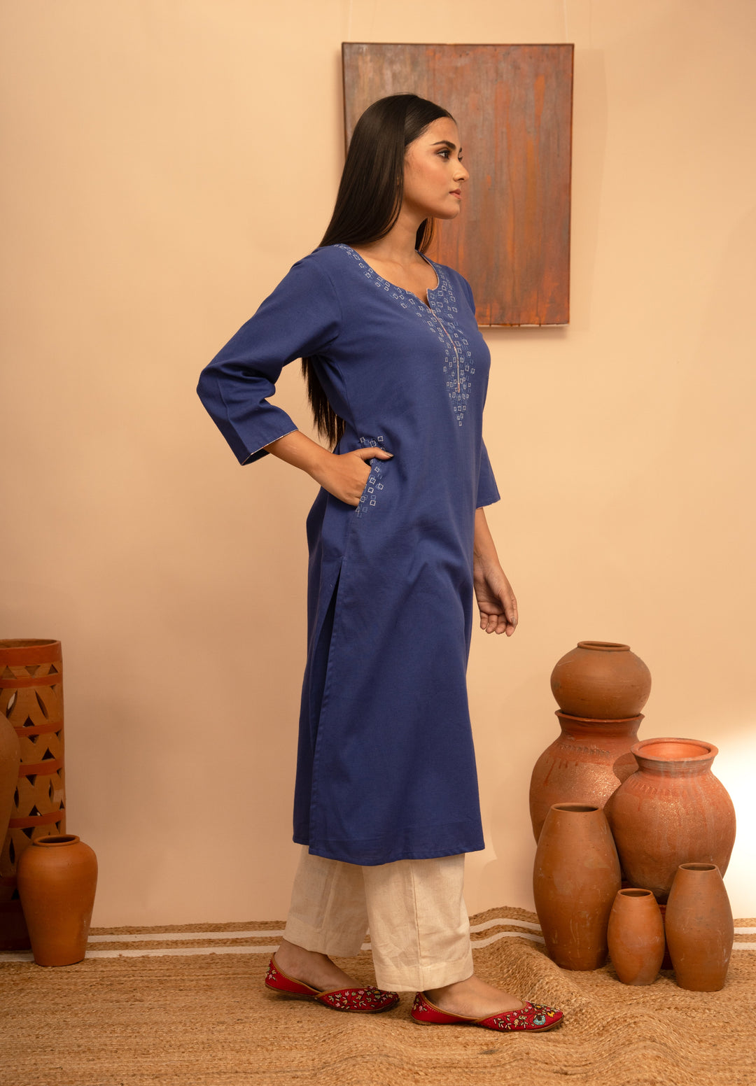Women’s Cotton Flex Round Neck Hand-Embroidered Regular Fit Kurta
