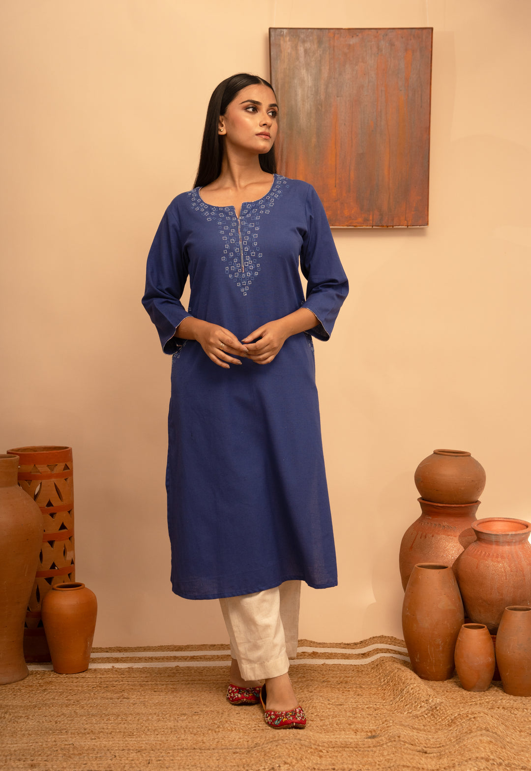 Women’s Cotton Flex Round Neck Hand-Embroidered Regular Fit Kurta - Arya collection