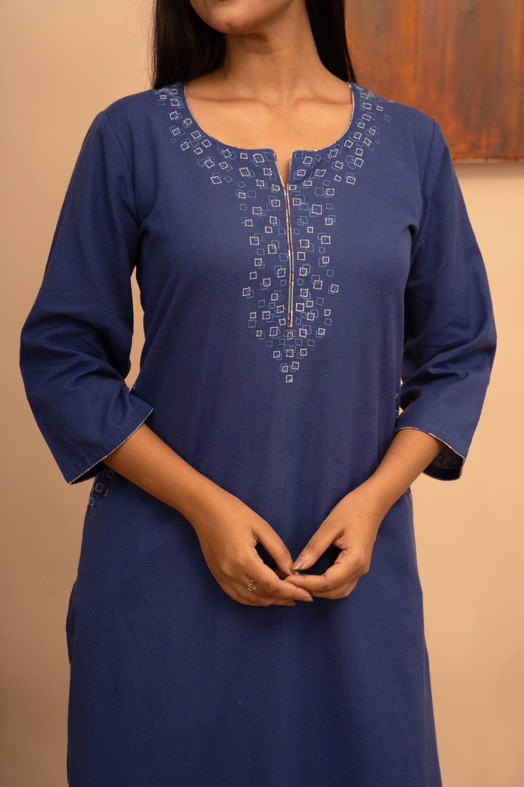 Women’s Cotton Flex Round Neck Hand-Embroidered Regular Fit Kurta - Arya collection