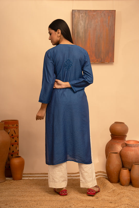 Women’s Chanderi Round Neck Mukaish Regular Fit Kurta - Arya collection