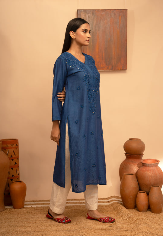 Women’s Chanderi Round Neck Mukaish Regular Fit Kurta - Arya collection