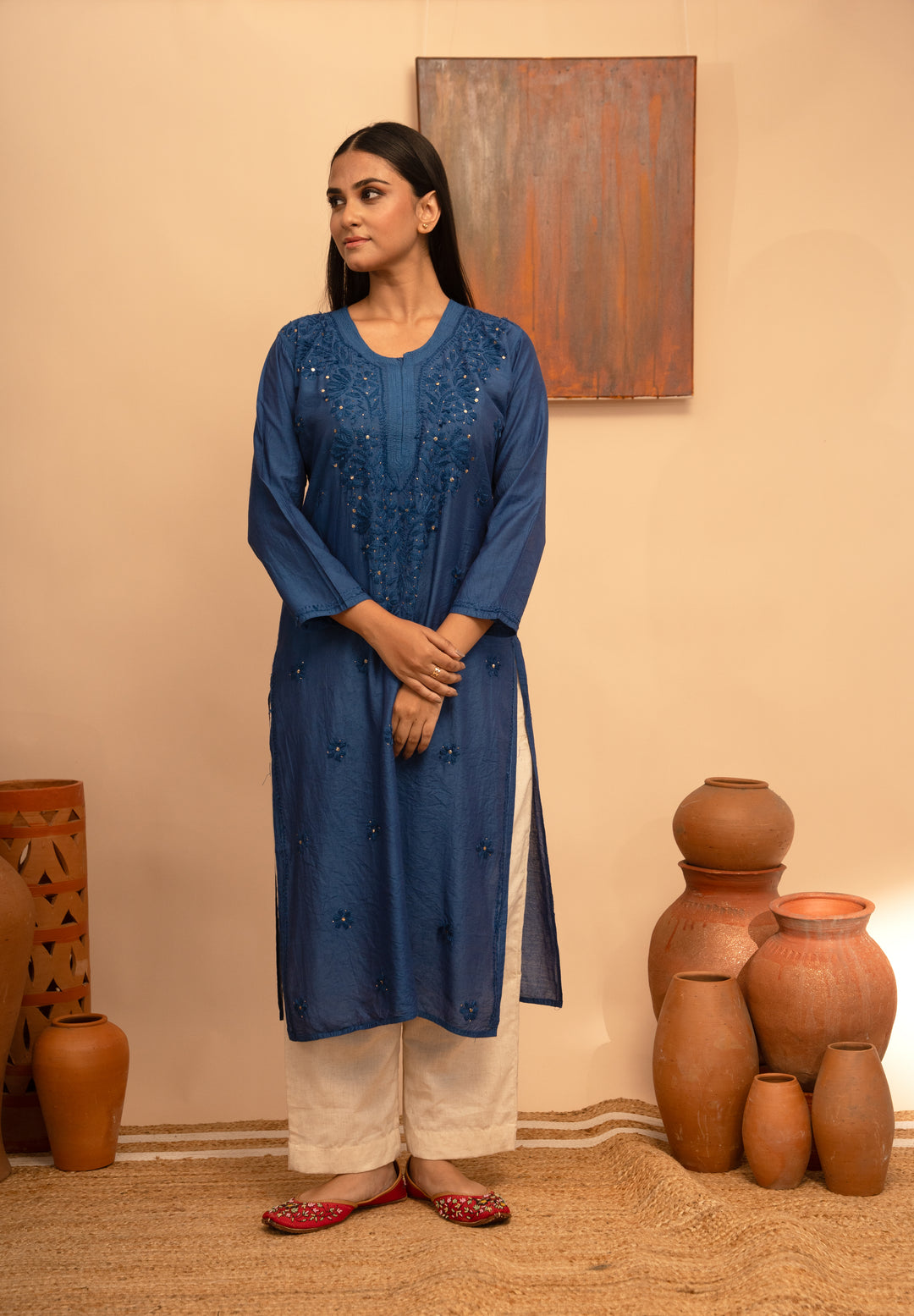 Women’s Chanderi Round Neck Mukaish Regular Fit Kurta - Arya collection