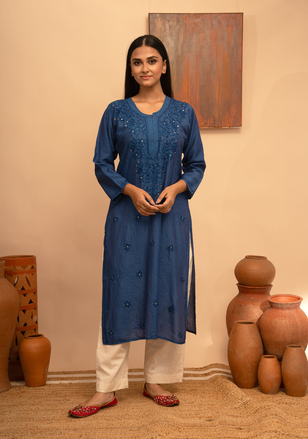 Women’s Chanderi Round Neck Mukaish Regular Fit Kurta - Arya collection