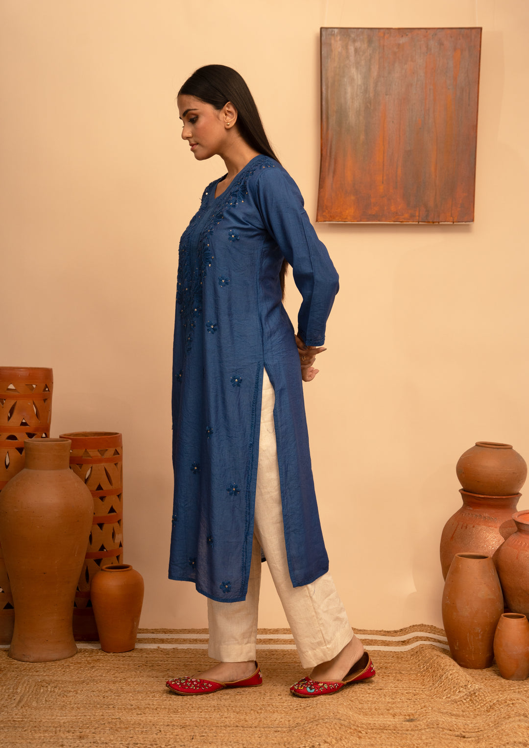 Women’s Chanderi Round Neck Mukaish Regular Fit Kurta - Arya collection