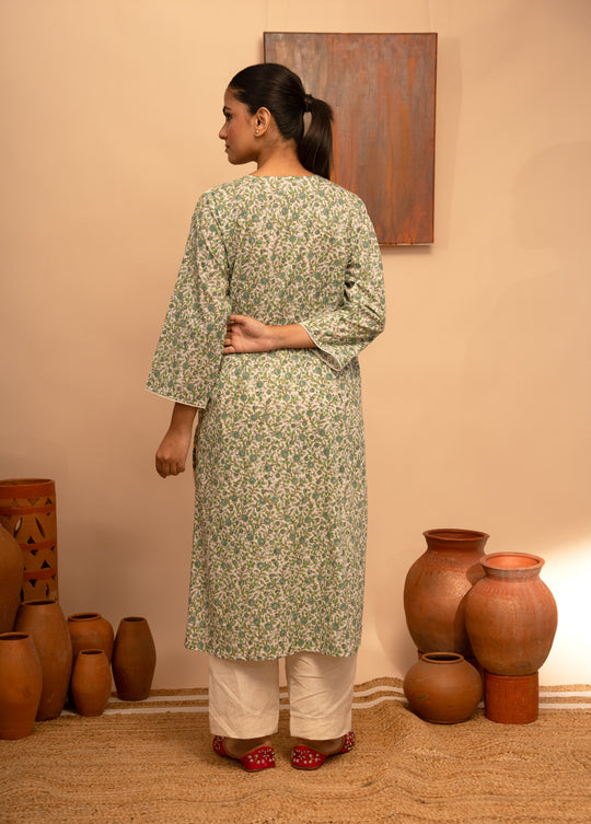 Women’s Cotton V-Neck Printed Mughal Garden Jaal Design Regular Fit Kurta - Arya collection