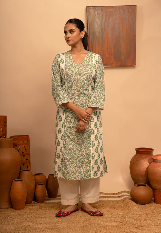 Women’s Cotton V-Neck Printed Mughal Garden Jaal Design Regular Fit Kurta - Arya collection