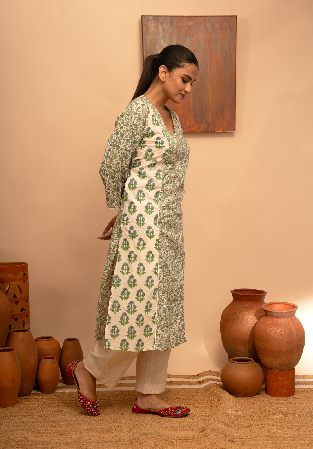 Women’s Cotton V-Neck Printed Mughal Garden Jaal Design Regular Fit Kurta - Arya collection