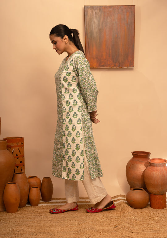 Women’s Cotton V-Neck Printed Mughal Garden Jaal Design Regular Fit Kurta - Arya collection