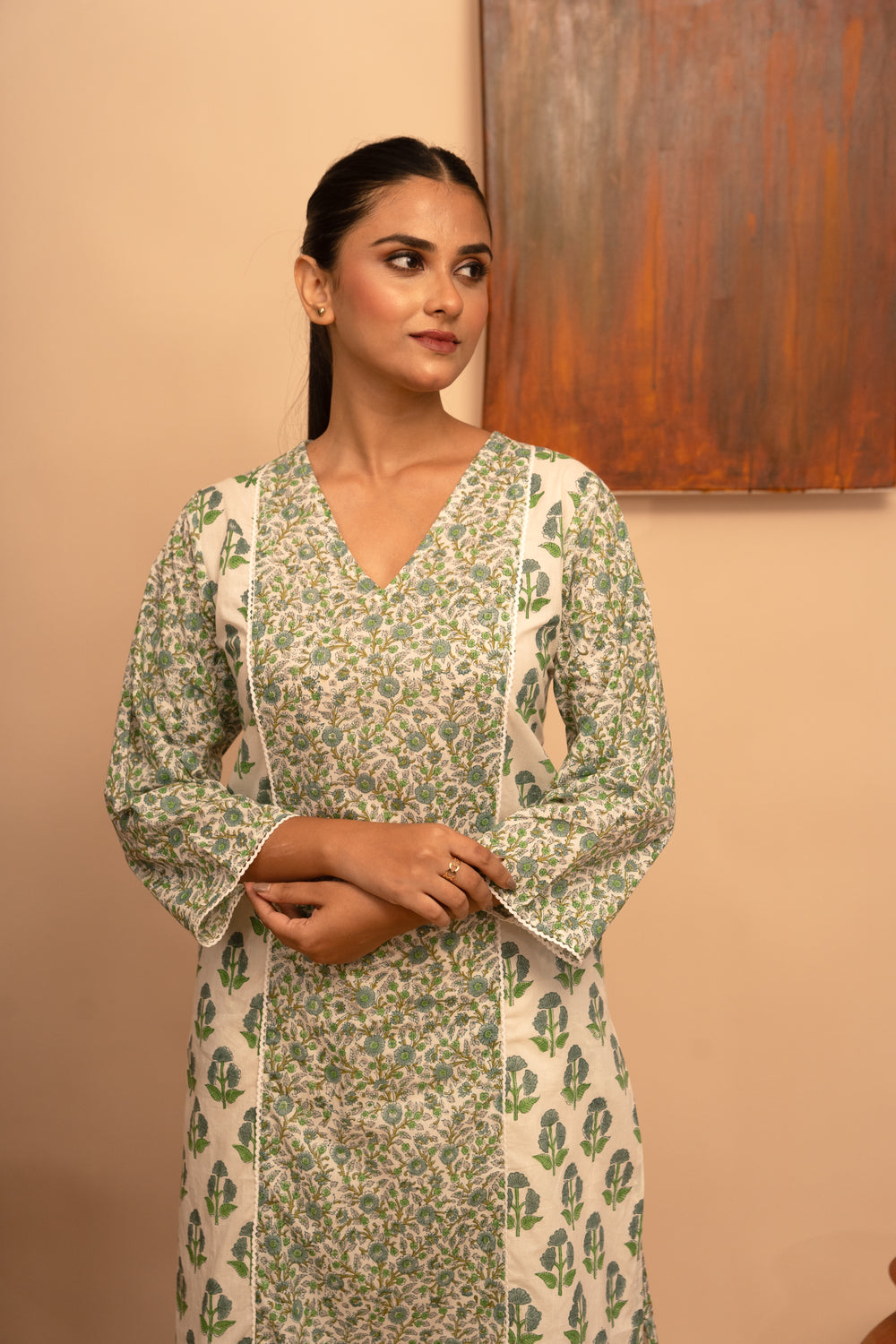 Women’s Cotton V-Neck Printed Mughal Garden Jaal Design Regular Fit Kurta - Arya collection