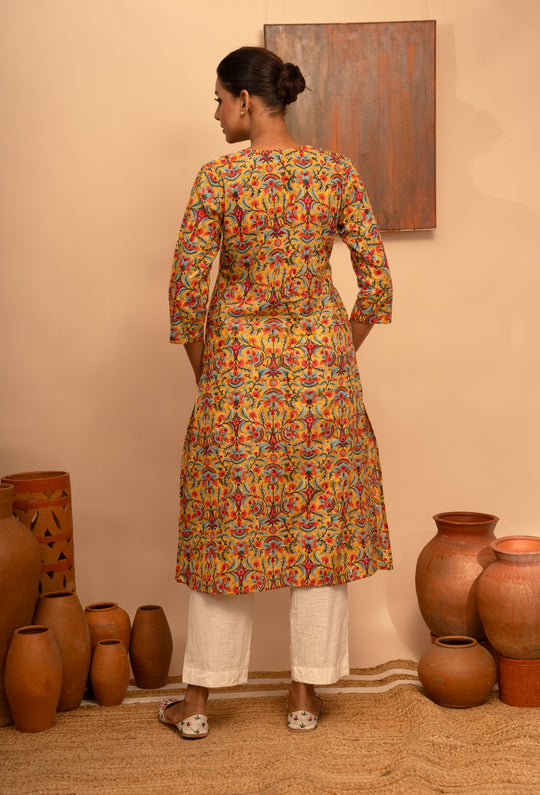 Women’s Cotton Mustard  V-Neck Printed Regular Fit Kurta - Arya collection