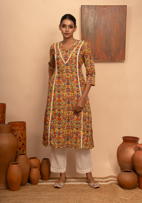 Women’s Cotton Mustard  V-Neck Printed Regular Fit Kurta - Arya collection