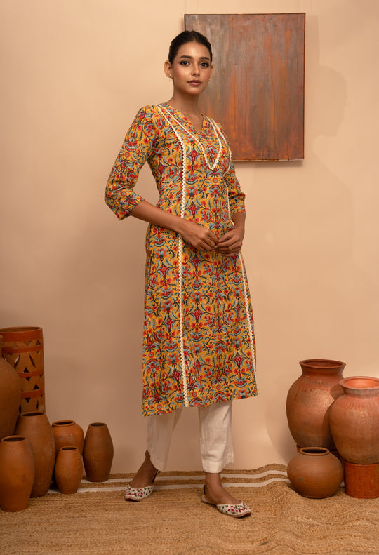 Women’s Cotton Mustard  V-Neck Printed Regular Fit Kurta - Arya collection