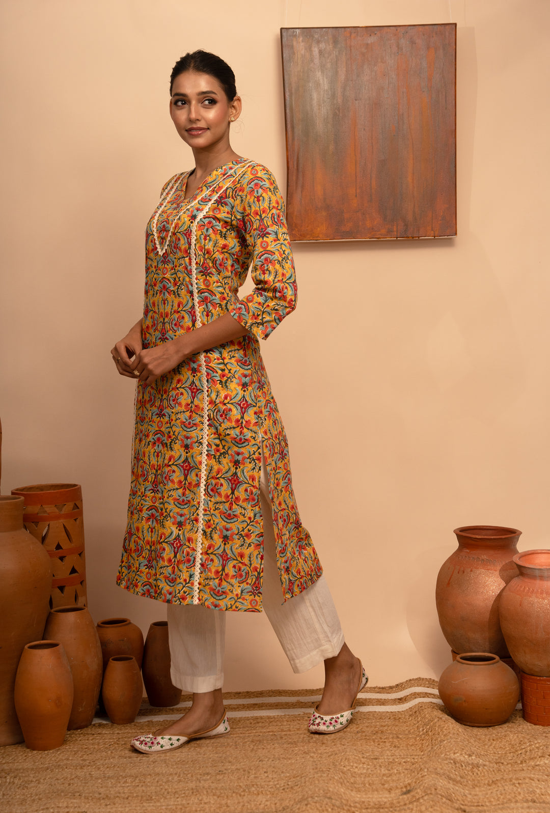 Women’s Cotton Mustard  V-Neck Printed Regular Fit Kurta - Arya collection