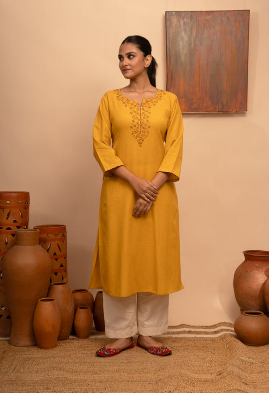 Women’s Cotton Flex Round Neck Hand-Embroidered Regular Fit Kurta - Arya collection