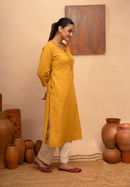 Women’s Cotton Flex Round Neck Hand-Embroidered Regular Fit Kurta - Arya collection