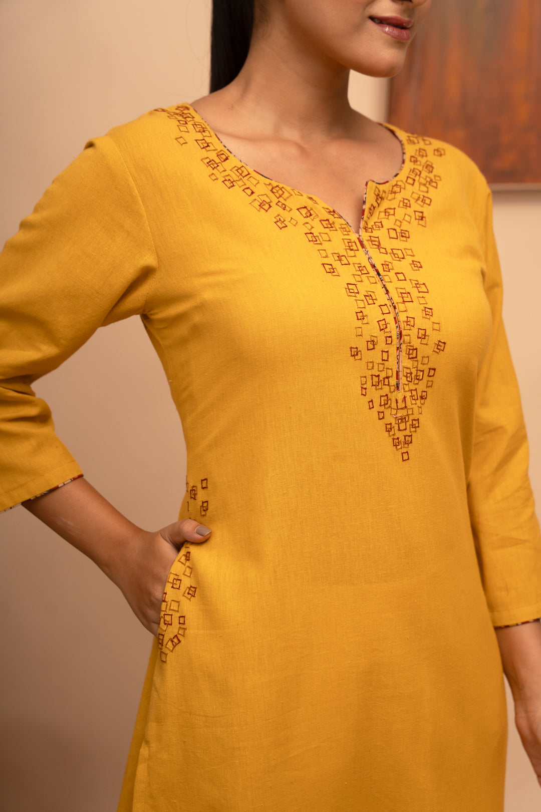 Women’s Cotton Flex Round Neck Hand-Embroidered Regular Fit Kurta - Arya collection