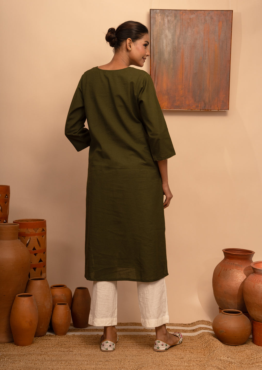 Women’s Cotton Flex Round Neck Hand-Embroidered Regular Fit Kurta - Arya collection