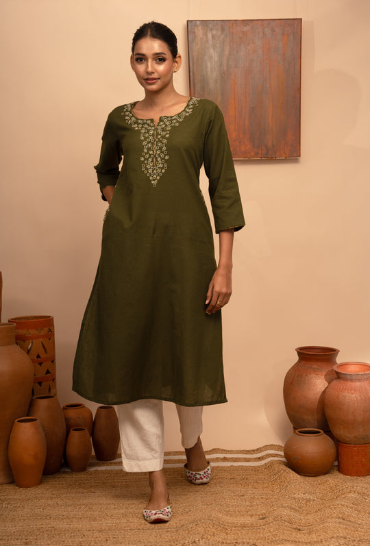 Women’s Cotton Flex Round Neck Hand-Embroidered Regular Fit Kurta - Arya collection