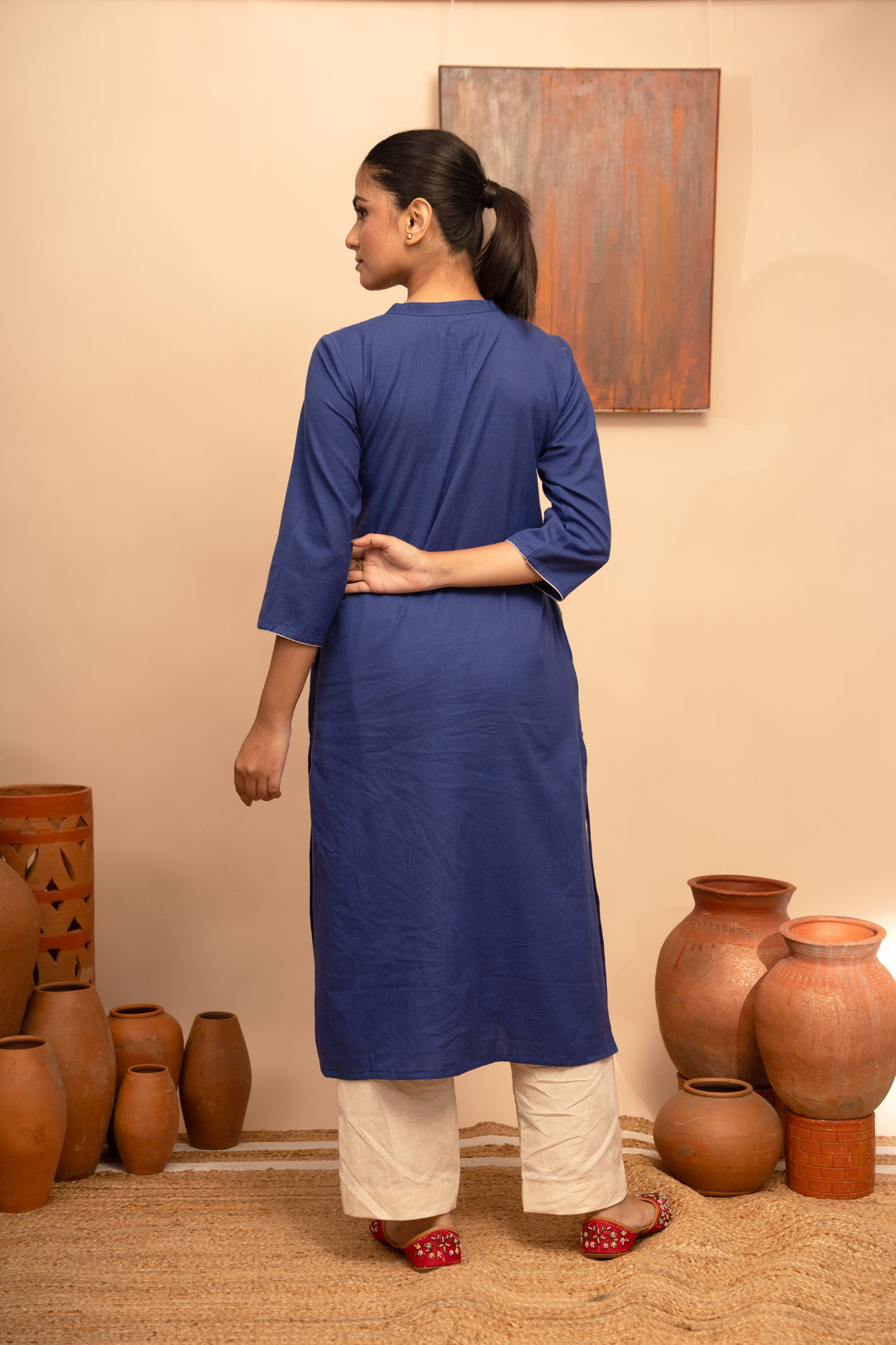 Women’s Cotton Flex Round Neck Hand-Embroidered Regular Fit Kurta- Arya collection