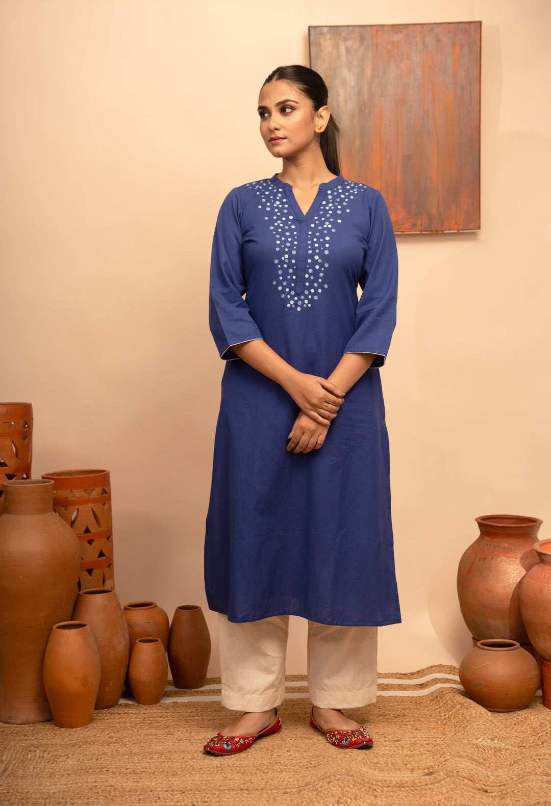 Women’s Cotton Flex Round Neck Hand-Embroidered Regular Fit Kurta- Arya collection