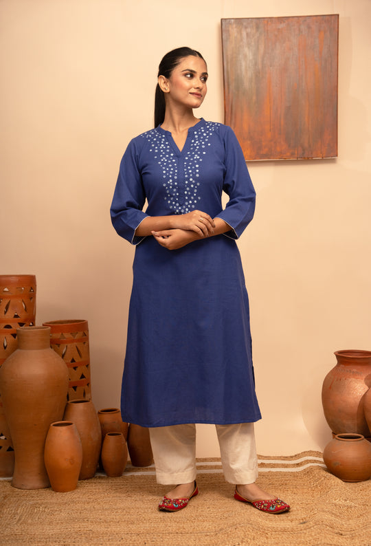 Women’s Cotton Flex Round Neck Hand-Embroidered Regular Fit Kurta- Arya collection