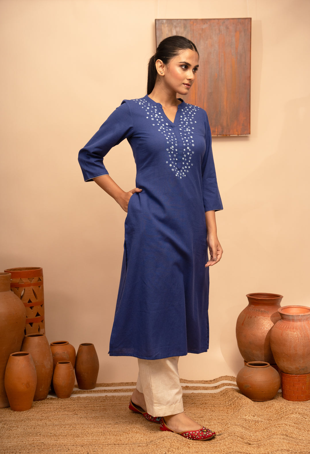 Women’s Cotton Flex Round Neck Hand-Embroidered Regular Fit Kurta- Arya collection