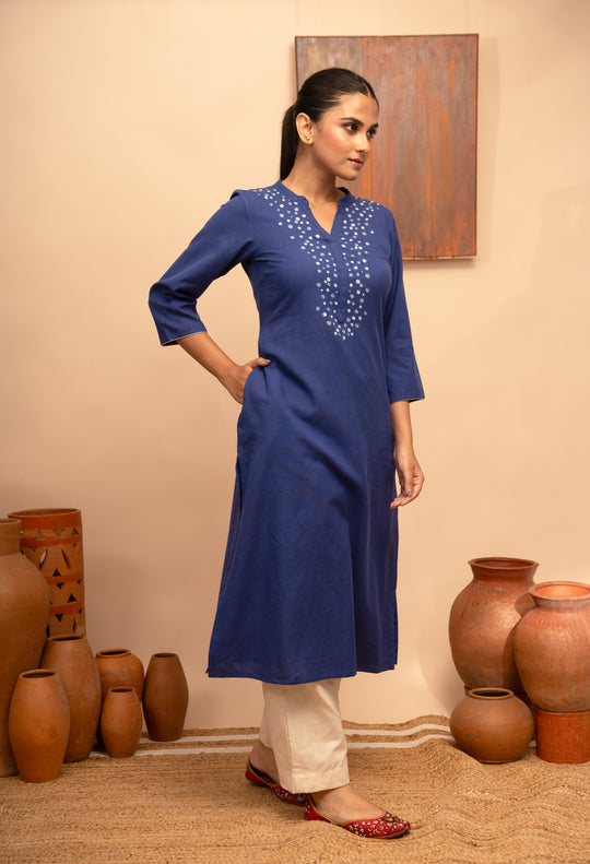 Women’s Cotton Flex Round Neck Hand-Embroidered Regular Fit Kurta- Arya collection