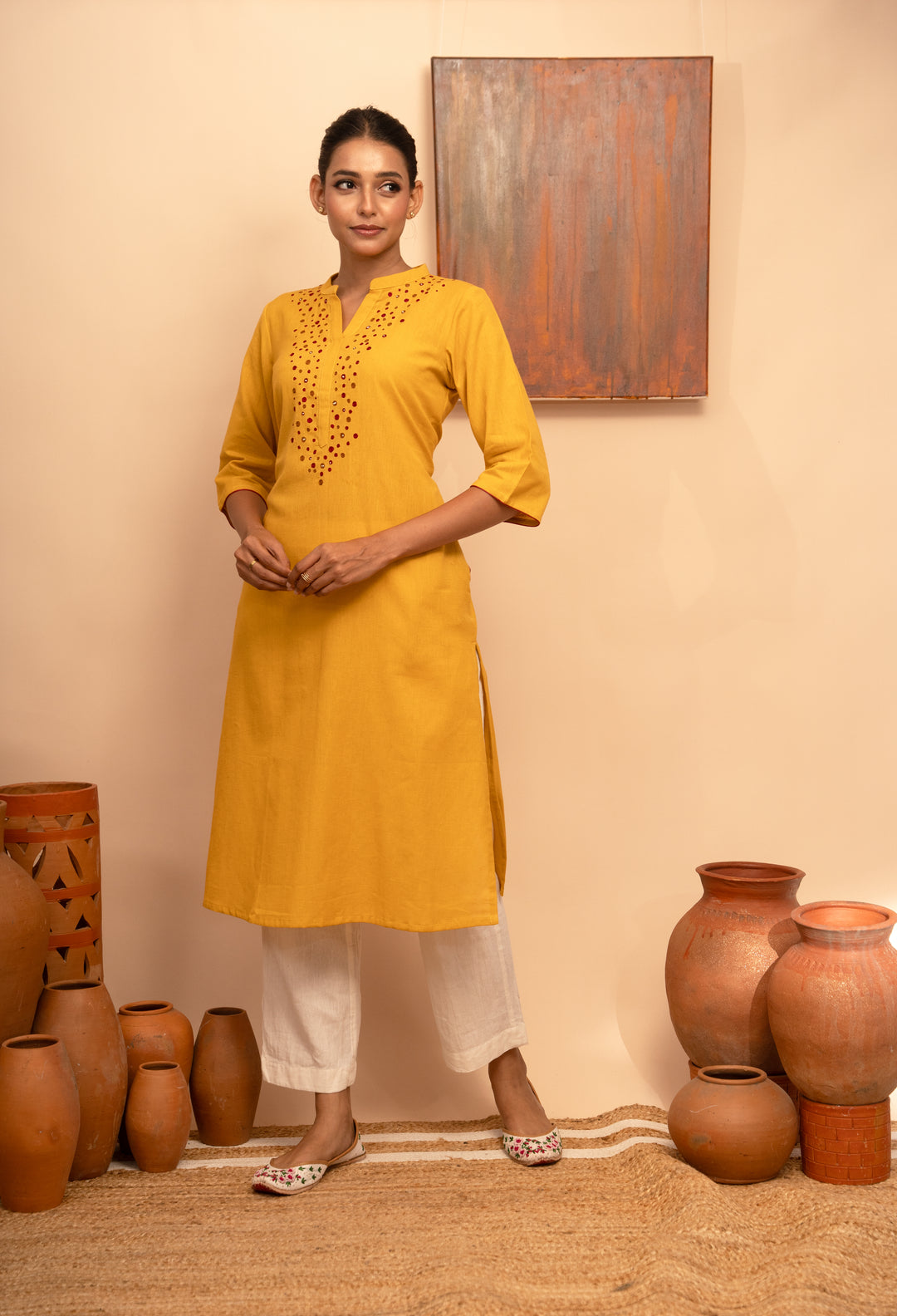 Women’s Cotton Flex Round Neck Hand-Embroidered Regular Fit Kurta- Arya collection