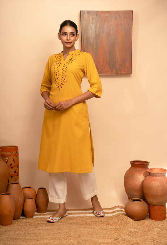 Women’s Cotton Flex Round Neck Hand-Embroidered Regular Fit Kurta- Arya collection