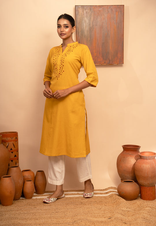 Women’s Cotton Flex Round Neck Hand-Embroidered Regular Fit Kurta- Arya collection