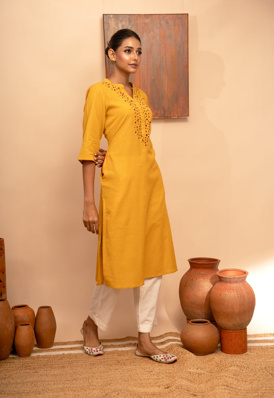 Women’s Cotton Flex Round Neck Hand-Embroidered Regular Fit Kurta- Arya collection