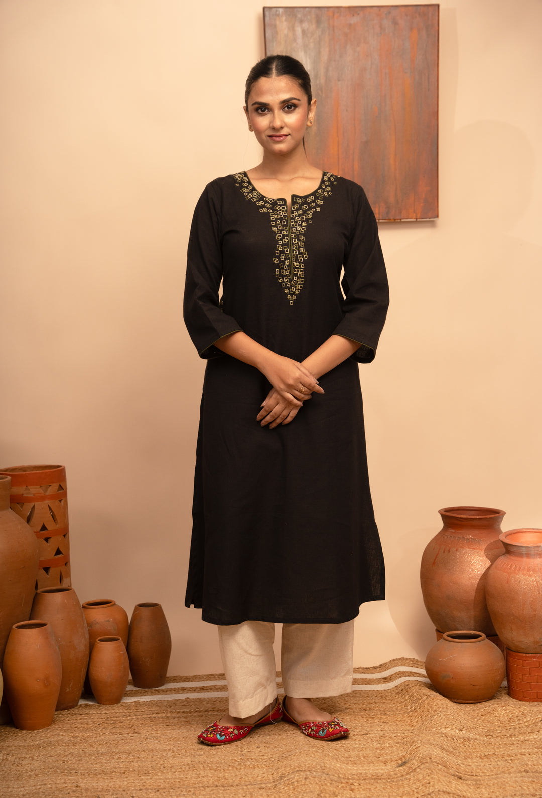 Women’s Cotton Flex Round Neck Hand-Embroidered Regular Fit Kurta - Arya collection