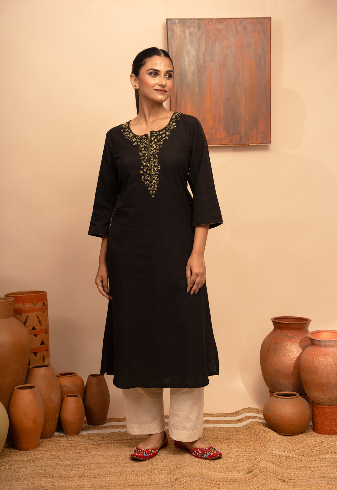 Women’s Cotton Flex Round Neck Hand-Embroidered Regular Fit Kurta - Arya collection