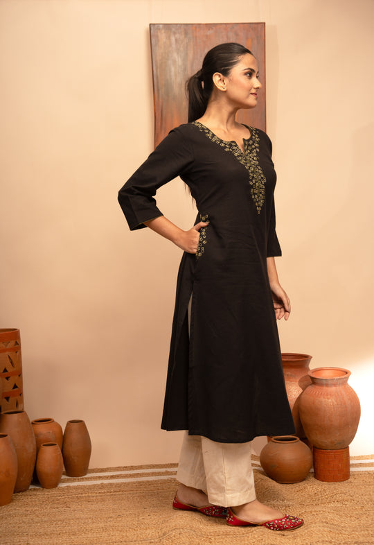 Women’s Cotton Flex Round Neck Hand-Embroidered Regular Fit Kurta - Arya collection