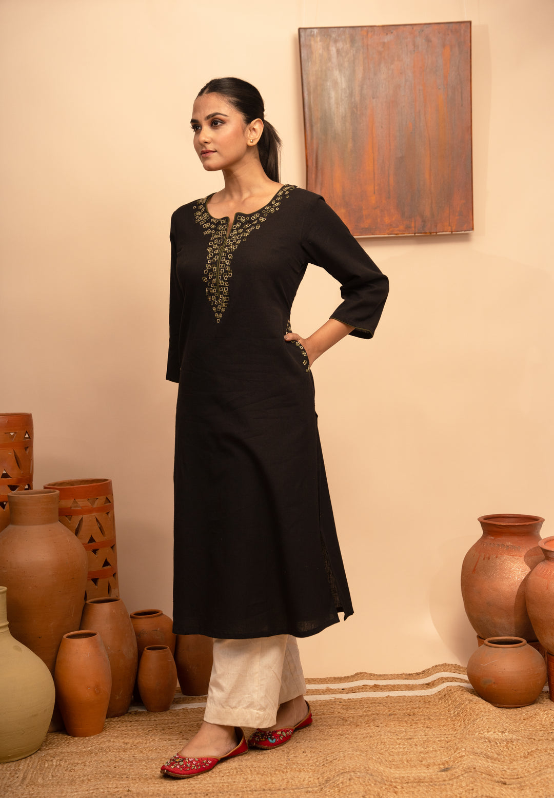 Women’s Cotton Flex Round Neck Hand-Embroidered Regular Fit Kurta - Arya collection