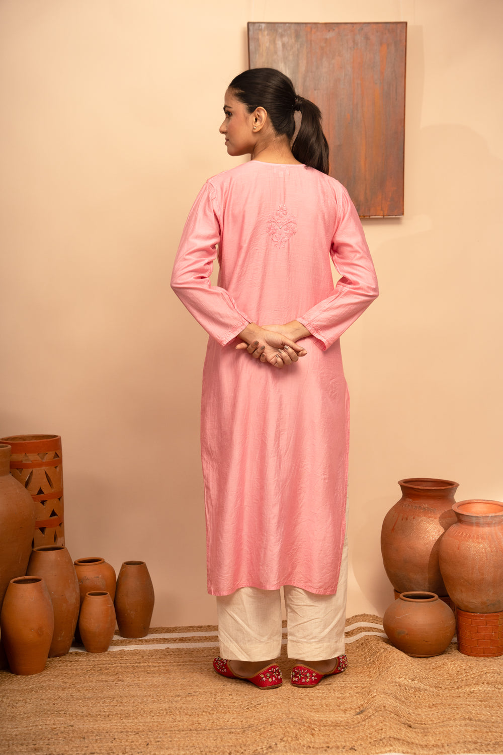 Women’s Chanderi Round Neck Mukaish Regular Fit Kurta - Arya collection