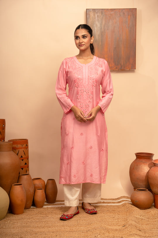 Women’s Chanderi Round Neck Mukaish Regular Fit Kurta - Arya collection